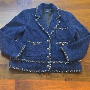 Zara Woman Navy Blue Tweed Boucle Blazer Lady Jacket Size Medium